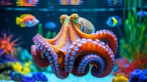 Illustration of the ethical and environmental debate surrounding octopus farming practices.