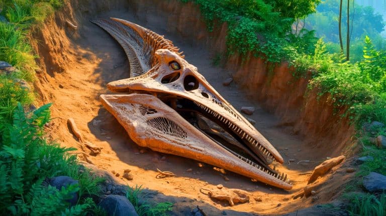 “Ancient Beast Ate Plants!”: This Astonishing Dinosaur-Era Flying Reptile Fossil Unveils First Evidence of Unbelievable Plant-Based Diet Illustration of a pterosaur fossil revealing evidence of a plant-based diet, generated by artificial intelligence.