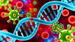 Illustration of ancient viral DNA fragments interacting with the human genome, created by artificial intelligence.