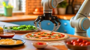 Illustration of a robotic arm equipped with adaptive grippers assisting in meal preparation.