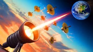Illustration of a centrifugal cannon launching microsatellites into low-Earth orbit.