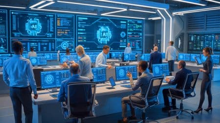 Illustration of Trump's AI Action Plan unveiling, highlighting American dominance in AI innovation and infrastructure, generated by artificial intelligence.