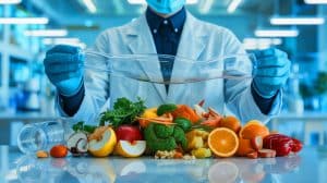 Illustration of researchers transforming food waste into biodegradable plastic, generated by artificial intelligence.