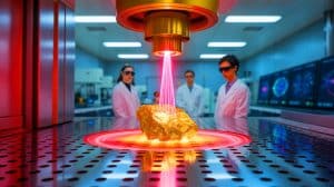 Illustration of gold being superheated by lasers and measured with X-rays, generated by artificial intelligence.