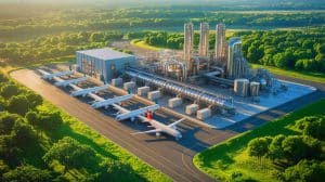 Illustration of LanzaJet's facility in Georgia producing Sustainable Aviation Fuel from waste-derived ethanol, generated by artificial intelligence.