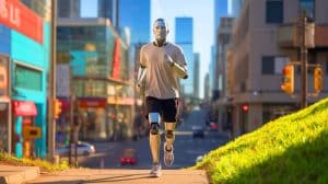 Illustration of Uncle Bot, the humanoid robot, jogging in casual "dadcore" attire generated by artificial intelligence.