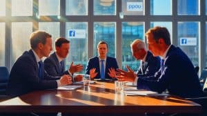 Illustration of the Meta headquarters with executives discussing a privacy settlement, generated by artificial intelligence.