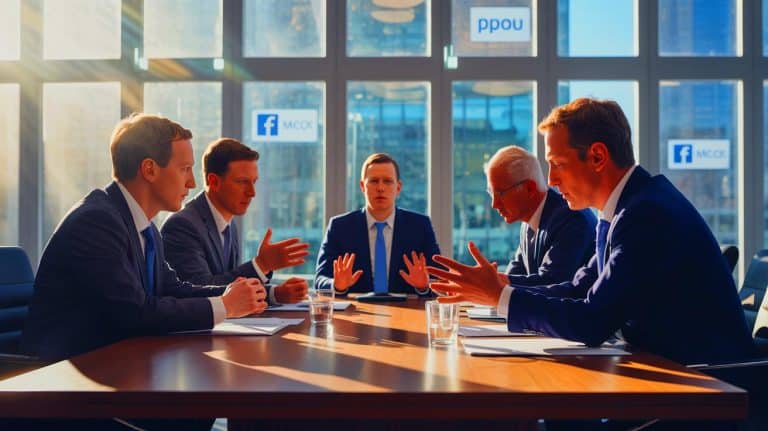 “Meta’s $8 Billion Buyout Is an Outrageous Betrayal”: Zuckerberg Dodges Privacy Trial and Skips Explosive Courtroom Testimony Illustration of the Meta headquarters with executives discussing a privacy settlement, generated by artificial intelligence.