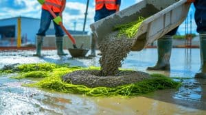 Illustration of seaweed-integrated concrete innovation for sustainable construction, generated by artificial intelligence.