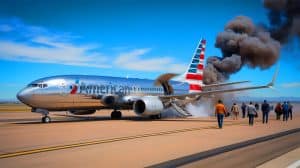 Illustration of an American Airlines aircraft on the runway with smoke and flames, generated by artificial intelligence.