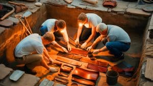 Illustration of archaeologists uncovering medieval leather goods in Oslo's historic Bjørvika neighborhood, created by artificial intelligence.