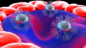 Illustration of metallic nanoflowers interacting with brain cells, generated by artificial intelligence.