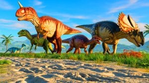 Illustration of 76-million-year-old dinosaur tracks revealing multispecies herding, generated by artificial intelligence.