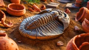 Illustration of an ancient trilobite fossil discovered in a Roman-era dump in Spain, generated by artificial intelligence.