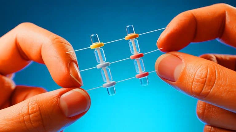 Illustration of dental floss wrapped around two fingers against a blue background, generated by artificial intelligence.