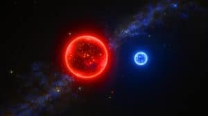 Illustration of a hidden companion star orbiting the red supergiant Betelgeuse, generated by artificial intelligence.