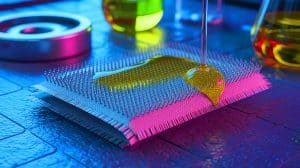 Illustration of a nanoscale fletching technique used in a new non-stick coating, generated by artificial intelligence.