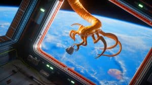 Illustration of a robotic arm inspired by geckos and octopuses, designed for satellite servicing and space debris management, created by artificial intelligence.