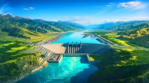 Illustration of the Yarlung Tsangpo River and China's hydro-power project, generated by artificial intelligence.