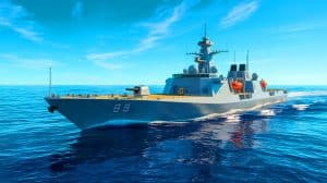 Illustration of a ship using quantum navigation technology for maritime defense, generated by artificial intelligence.