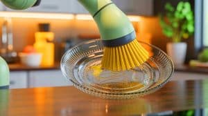 Illustration of SCCRUB, a soft robotic arm, tackling tough cleaning tasks in a domestic setting, generated by artificial intelligence.