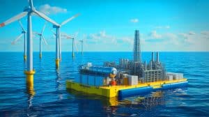 Illustration of a floating platform off the German coast producing synthetic fuels using wind energy, seawater, and air.