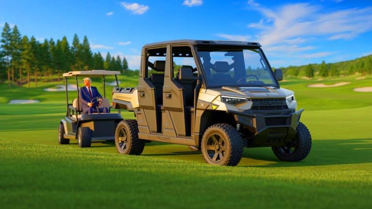 “Golf Force One Is a Presidential Power Move” as Trump Rolls Out Bulletproof Golf Truck Built for Security, Style, and ‘Safe Swings’ Illustration of a heavily armored utility vehicle, "Golf Force One," trailing former President Donald Trump at the Turnberry golf course.