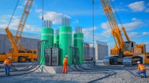 Illustration of hydrogen fuel cells powering a construction site.