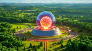 Illustration of Stellaria's innovative molten salt reactor, designed to reduce nuclear waste, created by artificial intelligence.