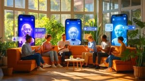 Illustration of AI chatbots providing therapeutic support as an alternative to traditional therapy.