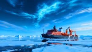Illustration of the Tara Polar Station navigating the Arctic ice for climate research.