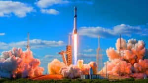 Illustration of NASA's Crew Dragon spacecraft launching from Florida to the International Space Station.
