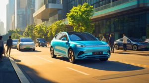 Illustration of the Atto 2 electric vehicle challenging Tesla in global markets.