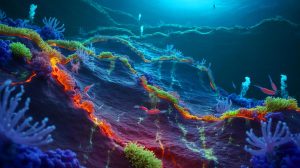 Illustration of the massive hydrogen-rich hydrothermal system beneath the Pacific Ocean.