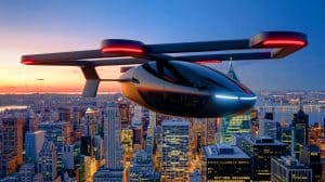 Illustration of the Govy AirCab, an all-electric flying car designed for urban travel by China's GAC Group.