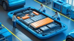 Illustration of the complex process of recycling lithium-ion batteries from electric vehicles.