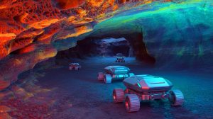 Illustration of autonomous robots exploring a volcanic cave on Lanzarote.