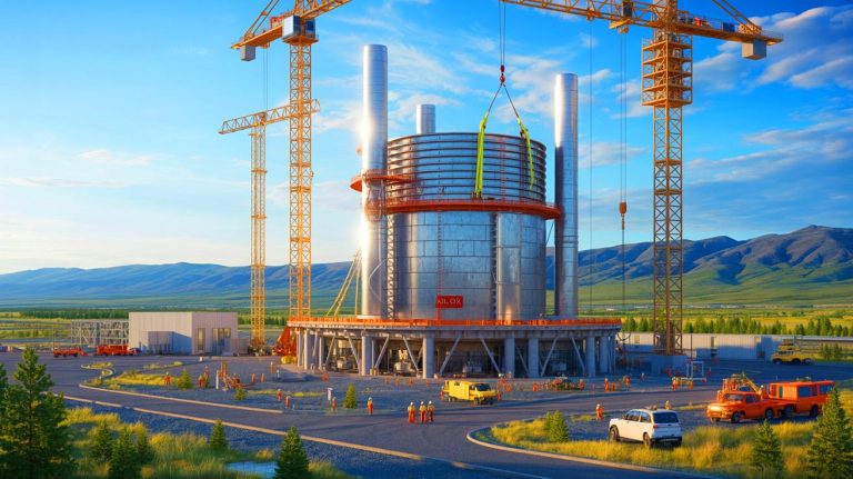 Illustration of the Aalo-X sodium-cooled modular nuclear reactor under construction in Idaho.