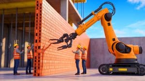 Illustration of a robot collaborating with humans in constructing a climate-optimized wall.