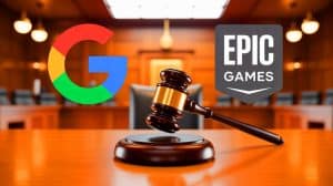 Illustration of Google's Android app store interface amidst legal documents symbolizing the antitrust case.