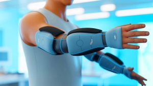 Illustration of a wearable robotic device providing personalized movement assistance for upper-limb impairments.