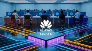 Illustration of Huawei’s Ascend AI chip on display at a data infrastructure summit.