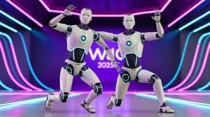 Illustration of humanoid robots Adam and Adam-U showcased at the World Artificial Intelligence Conference 2025.