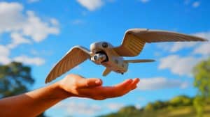 Illustration of a flapping-wing drone designed to land safely on a person's hand, inspired by a falcon's flight.