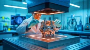 Illustration of University of Michigan researchers using X-ray technology to study magnesium alloys for automotive applications.