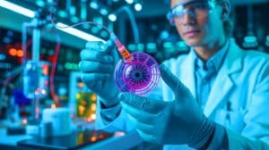 Illustration of a researcher holding an implantable medical device with wire leads in a lab setting.