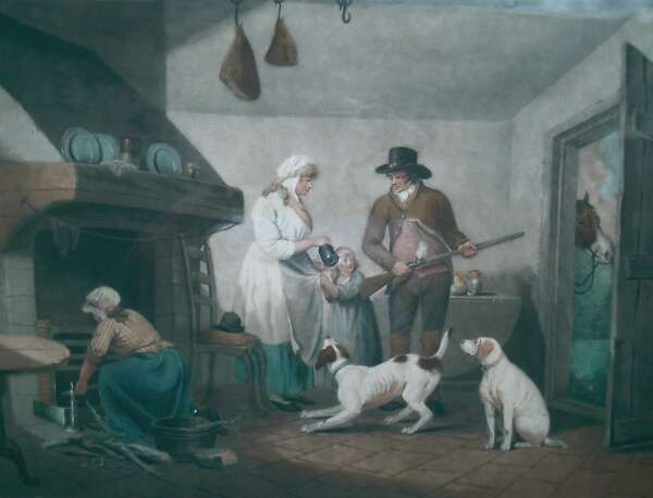 Antique engraving of George Morland Painting: "Inside of a Country Alehouse". Engraved by W. Ward.