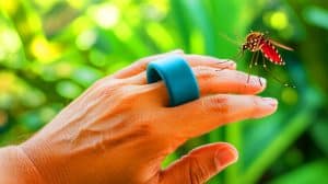 Illustration of a 3D-printed mosquito repellent ring designed for safer human use.