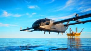 Illustration of China's V2000CG eVTOL drone completing an offshore cargo mission.