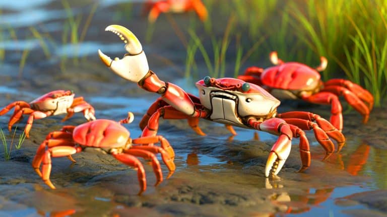 Illustration of Wavy Dave, the robotic crab, interacting with male fiddler crabs on a mudflat.